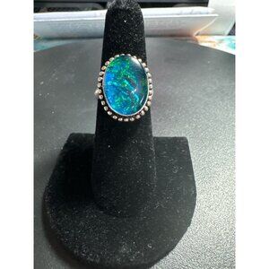 Sterling Silver 925 Blue Green Opal Ring Oval Cabochon Vintage Boho Size 8.5